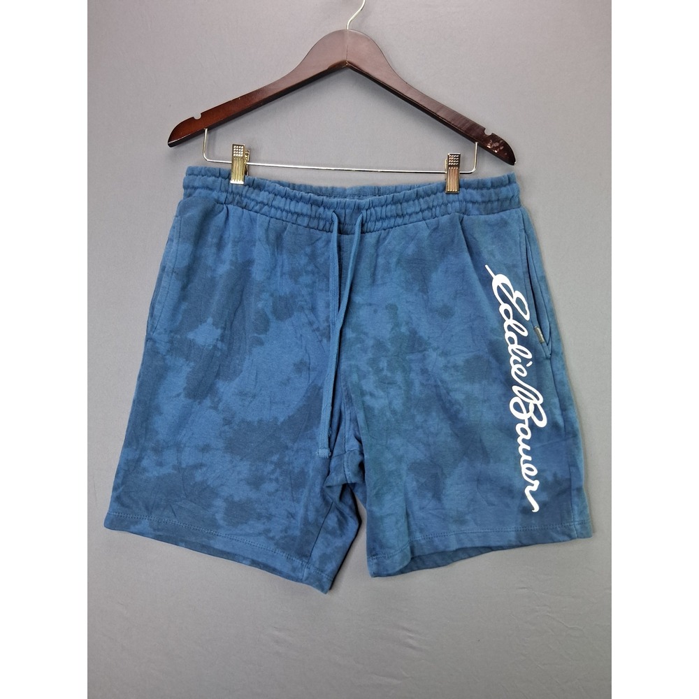 Eddie Bauer Shorts Mens XL Blue Tie Dye Sweat Shorts Script Logo Drawstring 1393